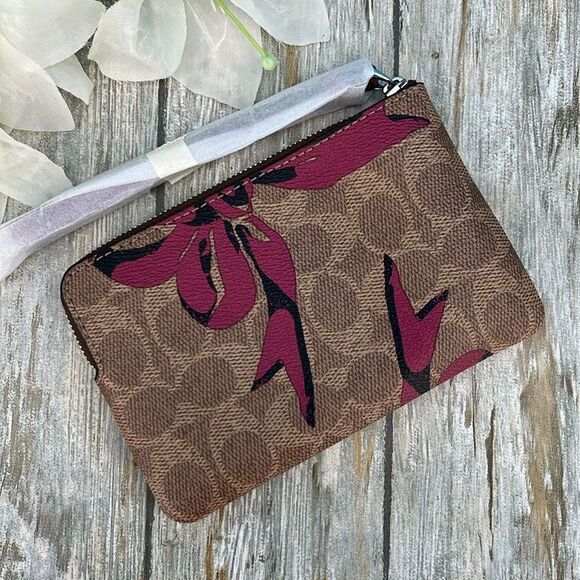 Coach Corner Zip Wristlet In Signature Canvas With Bow Print Bag Wallet Purse - Picture 4 of 11